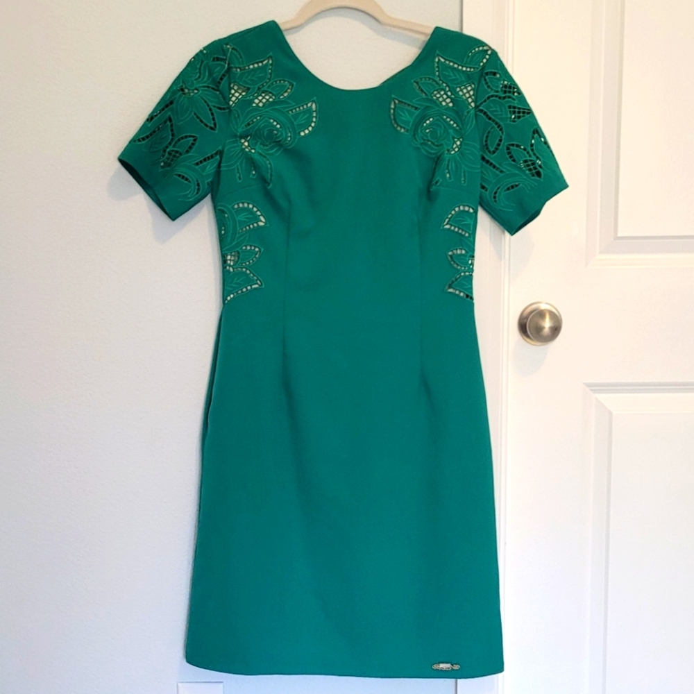 Green knee-length fitted dress (retro/vintage style)
